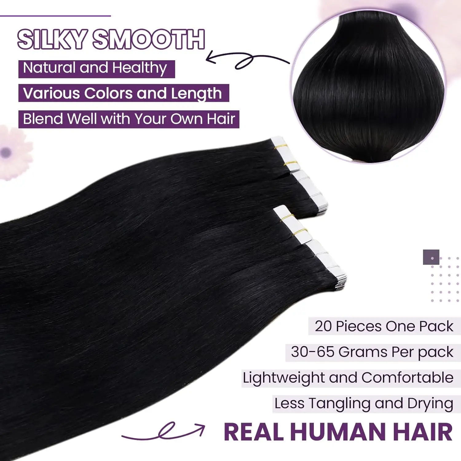 Straight Human Hair Tape in Hair Extension Natural Black Color Extensions 50G/Pack for Women 20 Pcs Brazilian Hair Tape on #1B