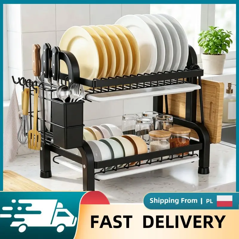 Scolapiatti da cucina, organizer per piatti da appoggio, scolapiatti multifunzionale a due livelli con supporto per tagliere e vassoio per utensili, scaffale per riporre stoviglie, ciotole e tazze.