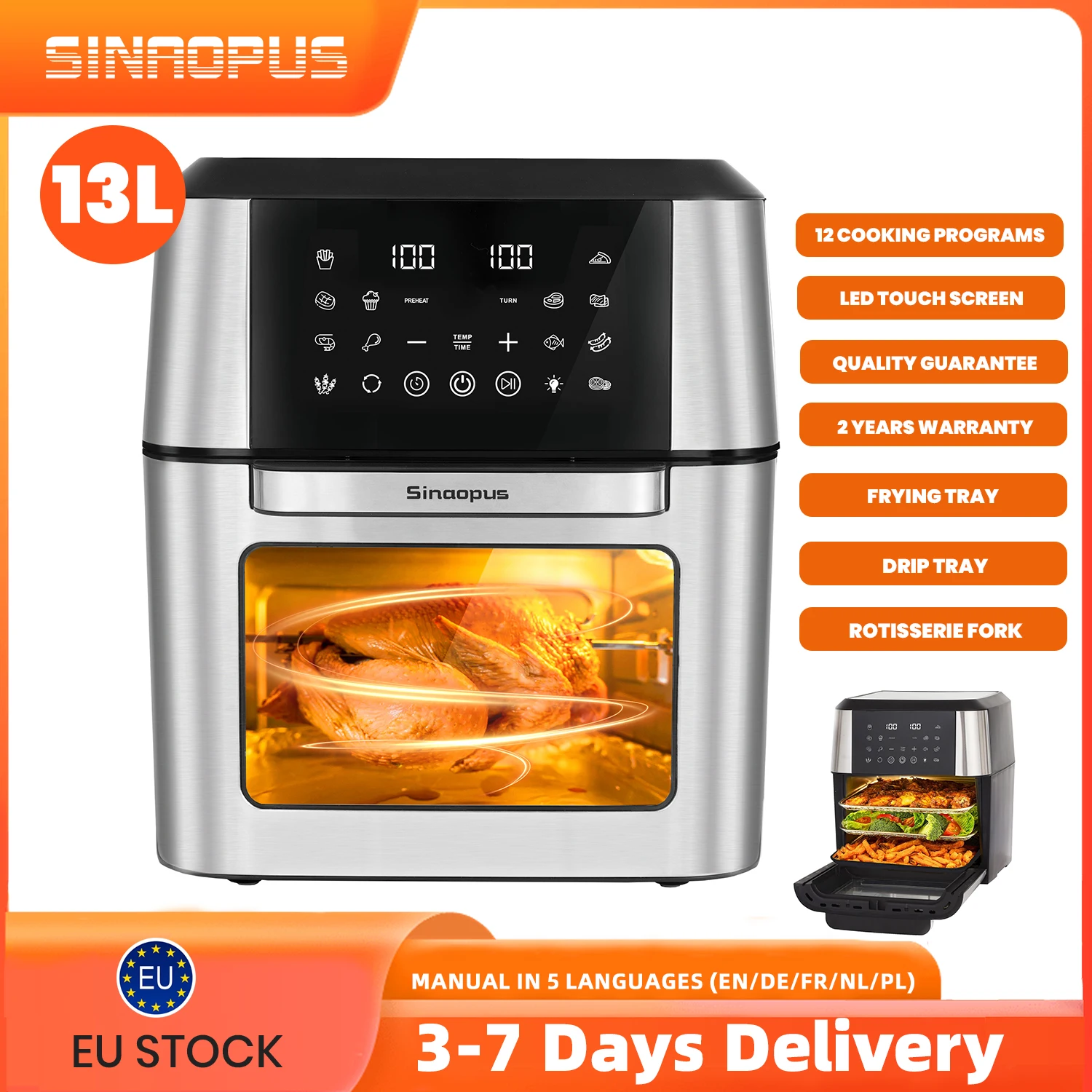 Heißluftfritteuse 13L Fritteuse, Multifunktionsofen mit Zubehör, Easy Fry & Grill Gleichmäßige Erwärmung, 12 Funktionen