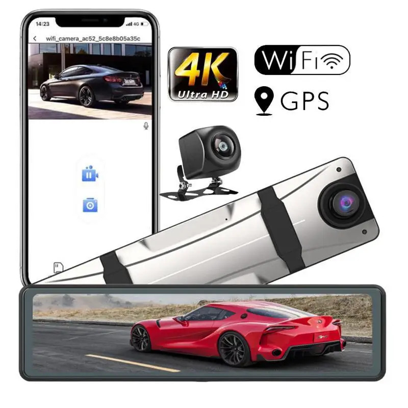 Streaming Dash Cam HD 4K specchietto retrovisore anteriore posteriore doppia registrazione 12 pollici retromarcia Video WiFi collegato fotocamera fotografica GPS