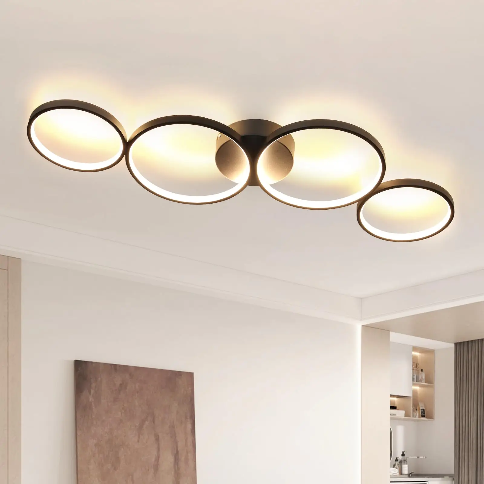 Moderne Schwarze LED Deckenleuchte 88cm 37W 4-Licht Ring Design 3000K Warmweiss Hochwertiges Aluminium Minimalistische Runde Deckenlampe Einfache Montage Wohnzimmer
