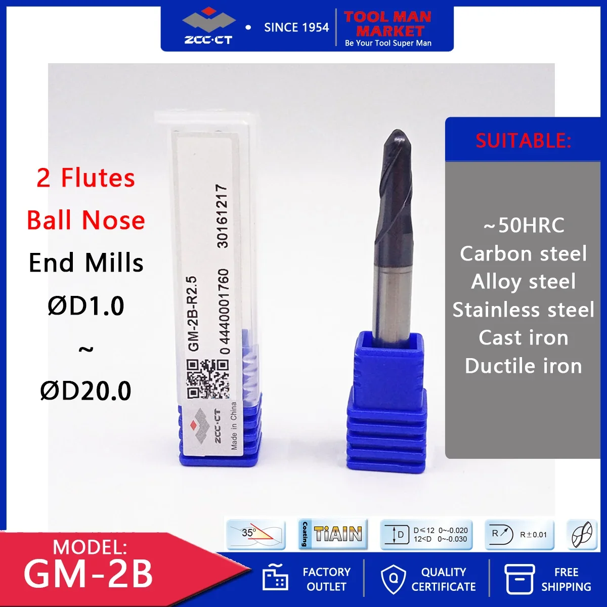 

ZCC GM-2B Ball Nose End Mills Straight Shank ZCC.CT Carbide Solid Endmills D1mm~D20mm R0.5~R10 2 Flutes CNC Milling Cutter