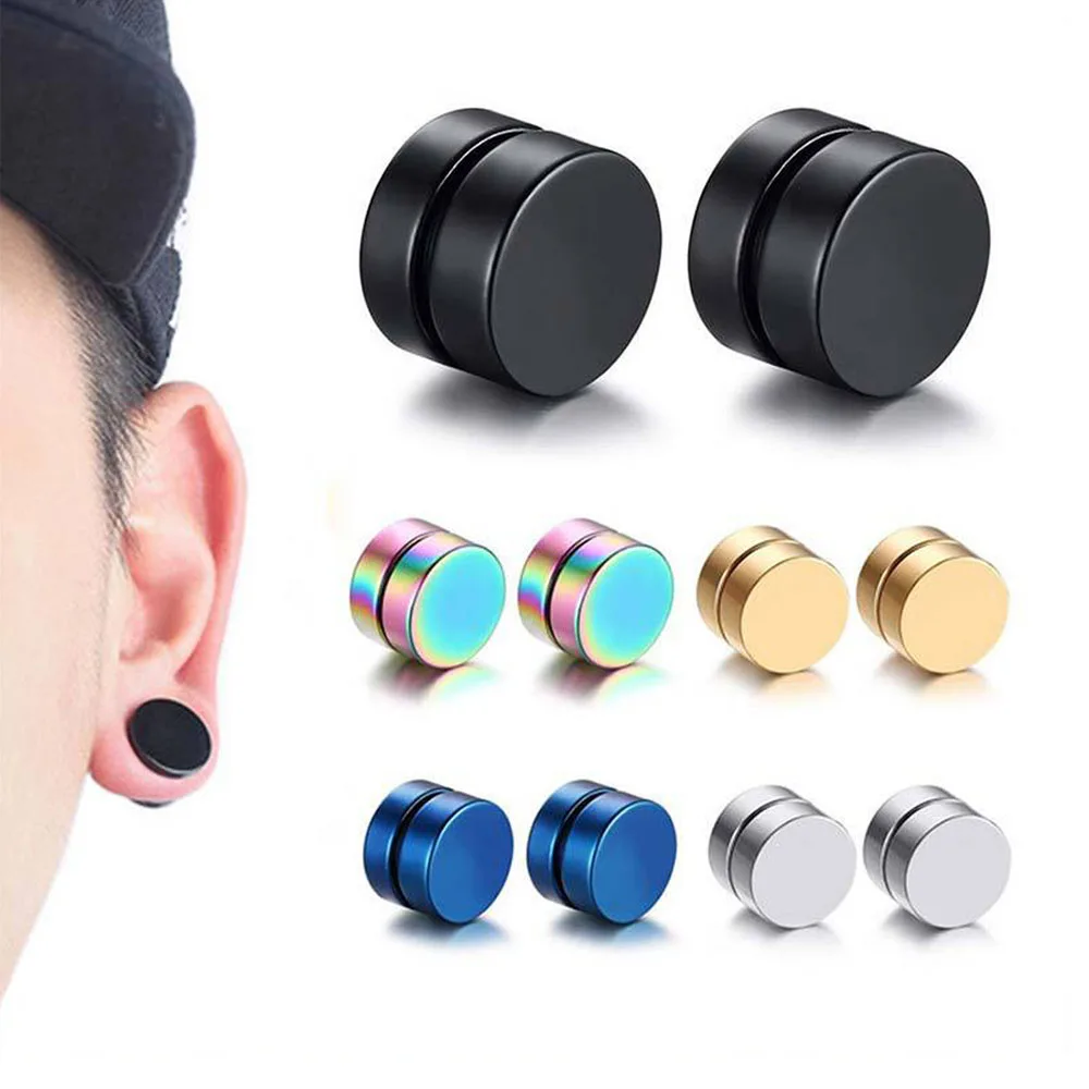 1 Pair Stainless Steel Magnetic Earrings for Men Women, Punk Non-piercing Clip on Stud Earrings Fake Ear Gauges for Men Women