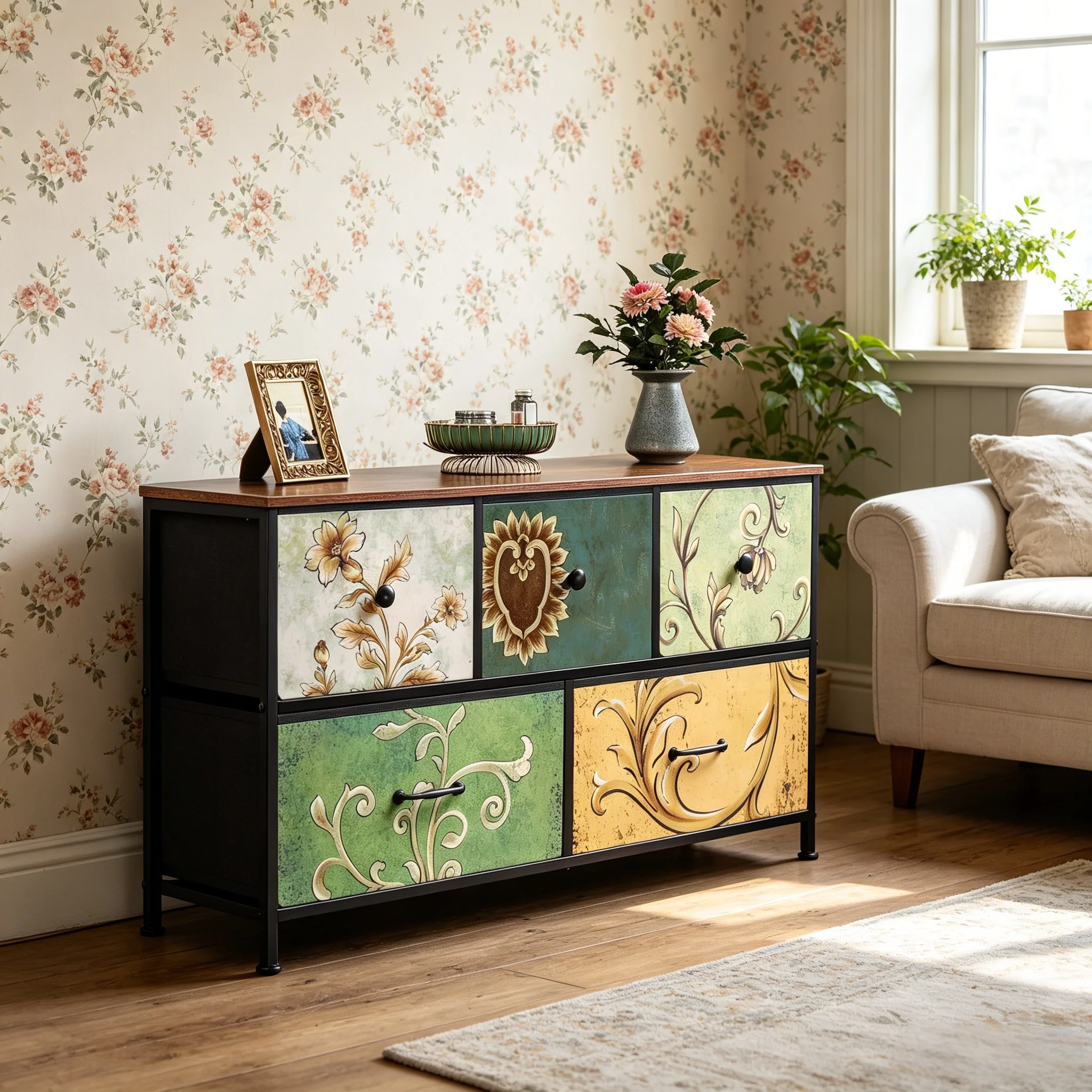 Fünf-Schubladen-Kommode mit Stoffbezug, TV-Ständer, Metallgestell, Holztischplatte, geeignet für Wohnzimmer, Schlafzimmer, Flur, Vintage-Stil, dekoriert mit Vintage-Blumenmuster, Maße: 100*30*55,2cm