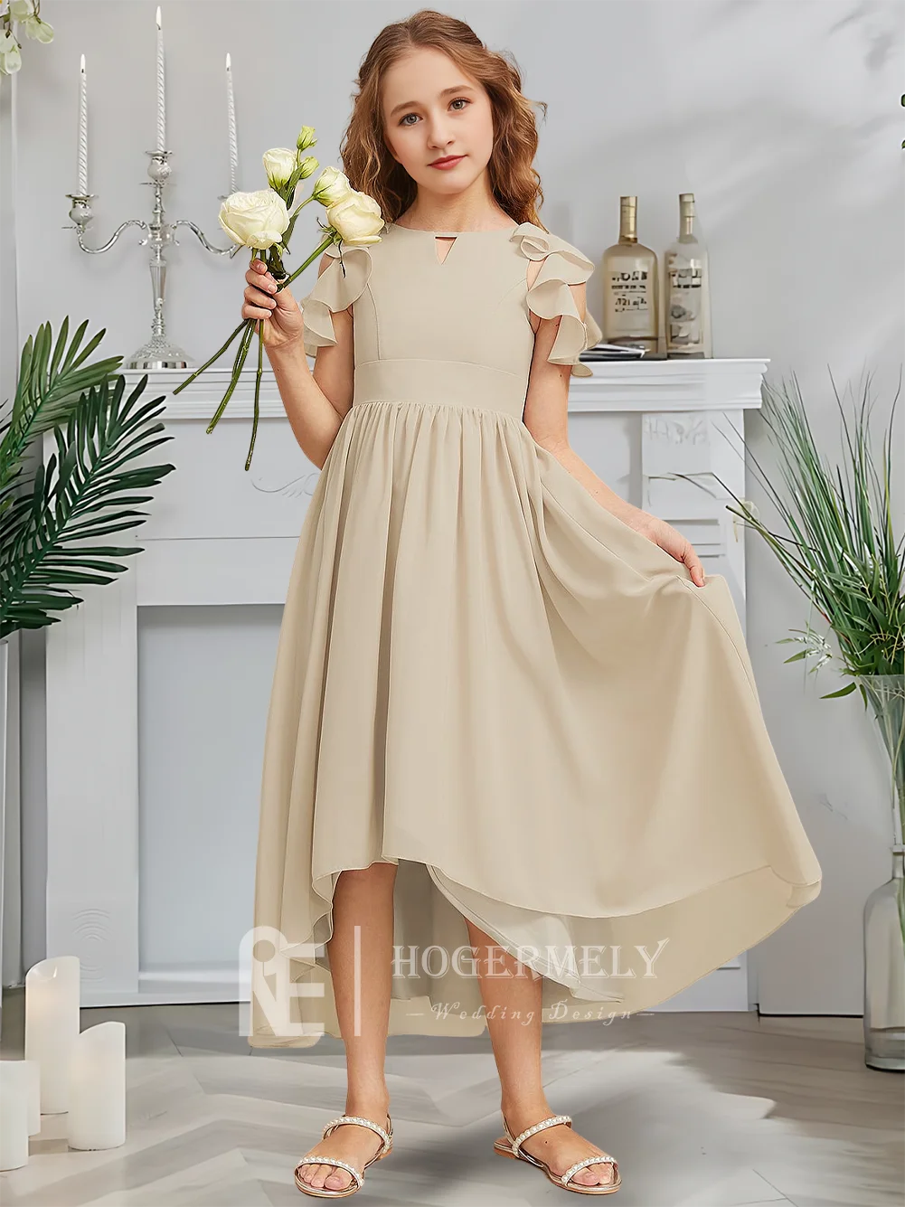 Дизайнерское платье трапециевидной формы для юных подружек невесты, платье с цветочным узором в виде розы, асимметричное шифоновое платье для девочек в саду, гала-танец, свадьба