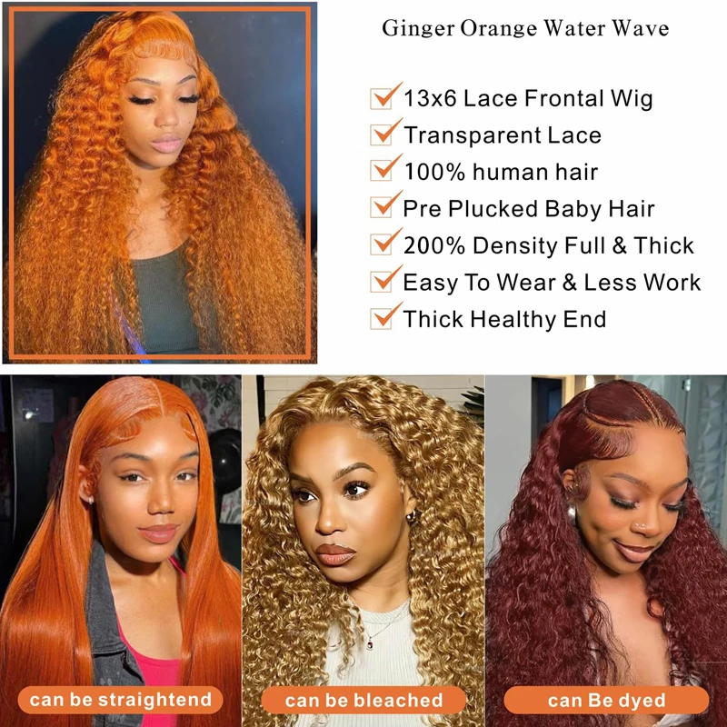 Ginger Orange Water Wave #350 Colored 13x6 13x4 Transparent Lace Front Wig Human Hair for Women Deep Curly Wigs Pre Plucked