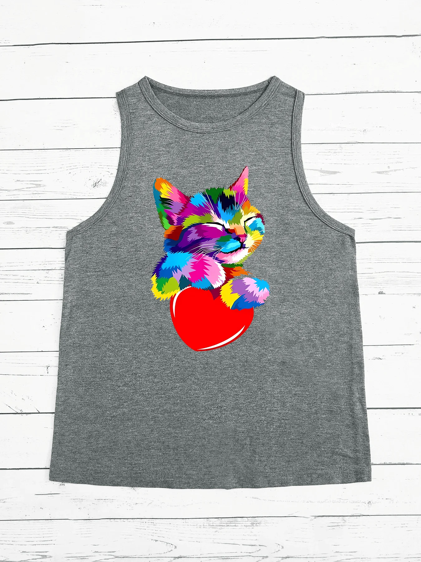 Amor feminino Colorido Gato Símbolo do Coração Regatas, Solto, Gola O, Sem Mangas, Casual, Esportivo Moda, Engraçado