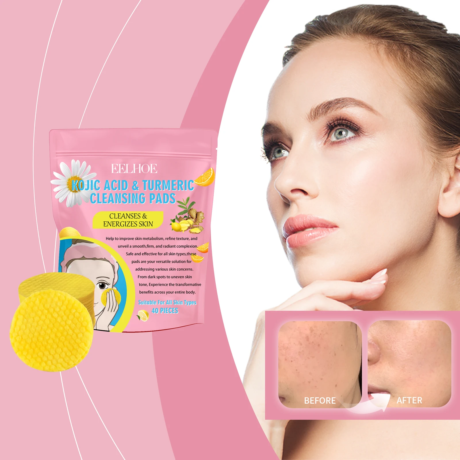 

40pcs Eelhoe Turmeric Kojic Cleansing Pads Gentle Exfoliation Acne Brightening Pore Oil Water Control All Skin Type Face Care