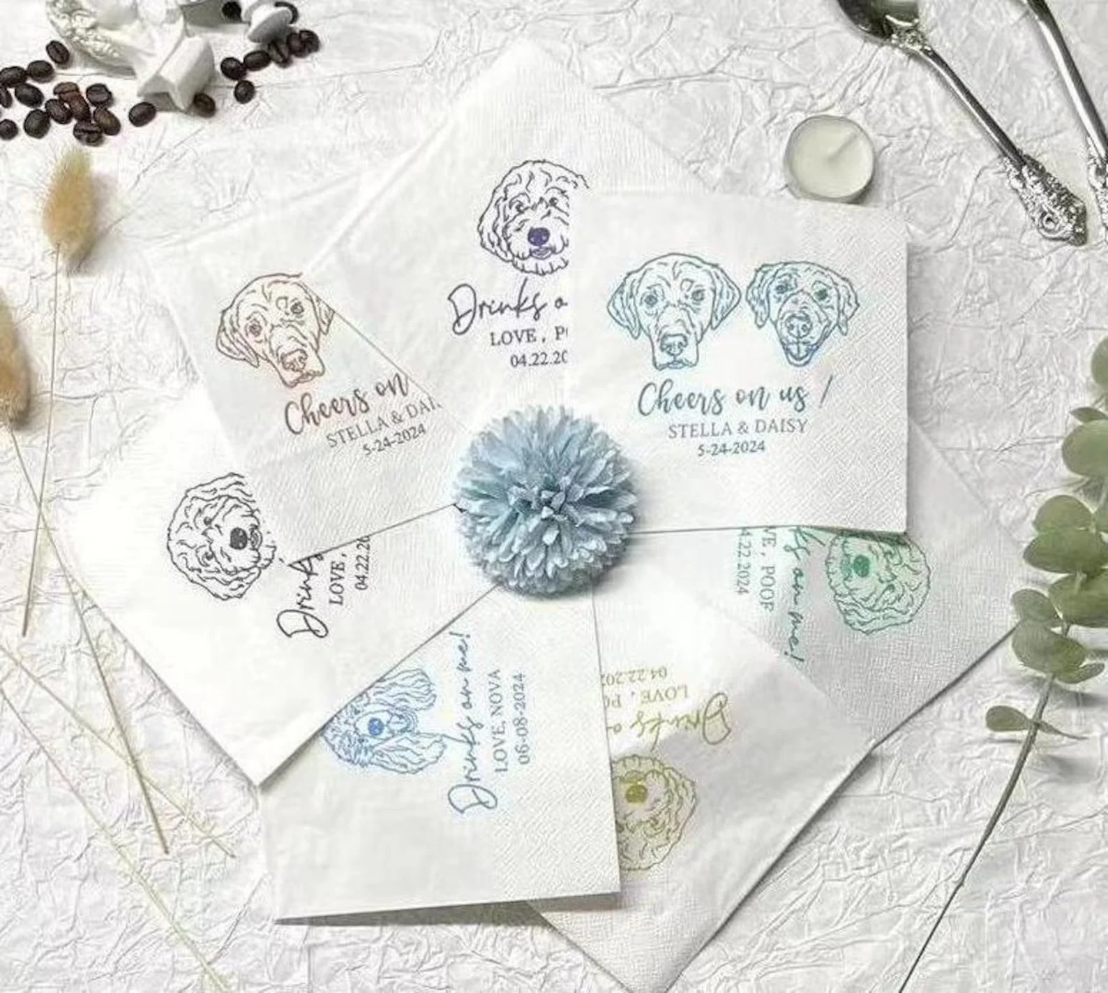 

50pcs Customized Wedding Napkins — Napkins with Dogs & Cats, Bridal Shower, Engagement Party, Personalized Pet Cocktail Napkins