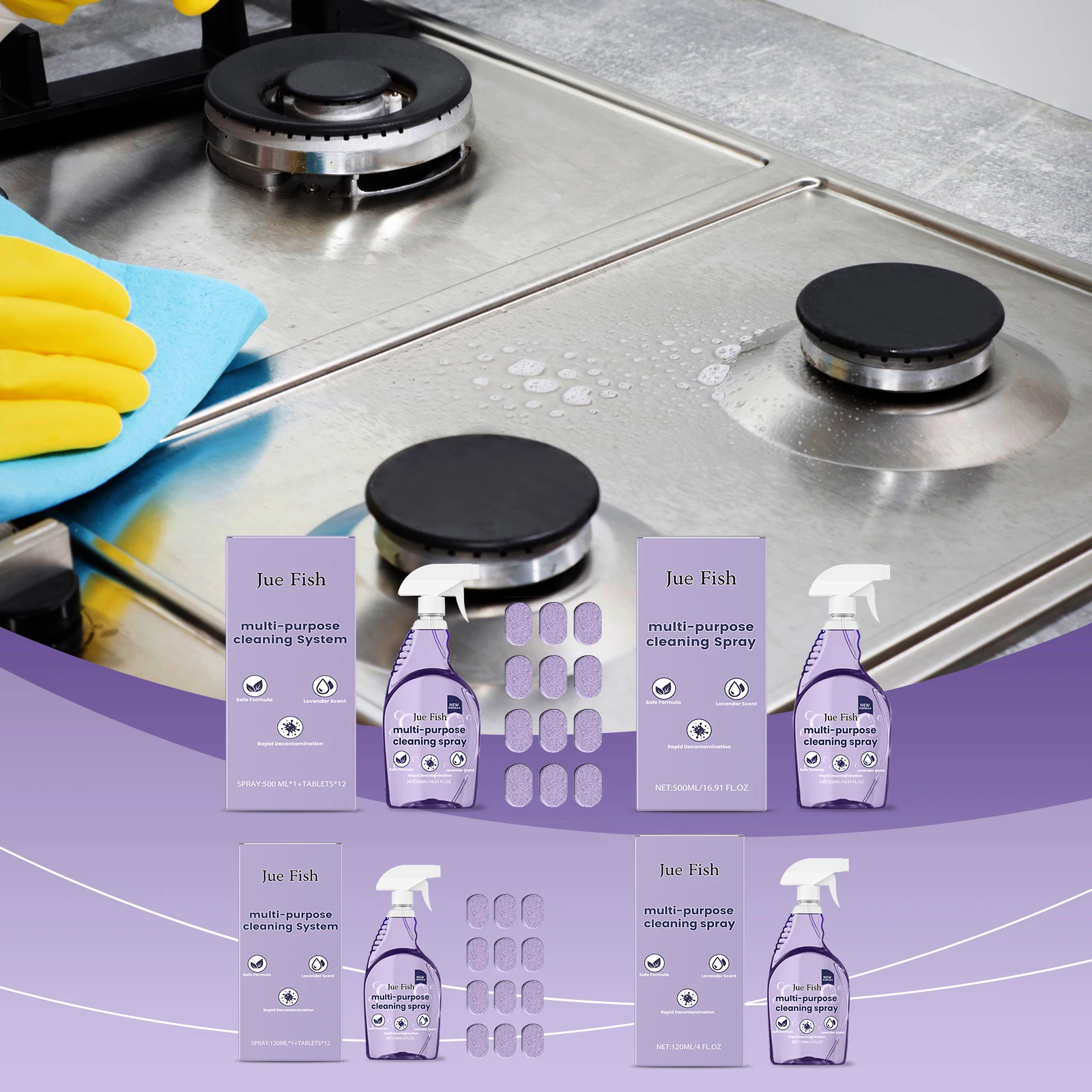 

Jue-Fish 120/500 мл универсальное чистящее средство для кухни, ванной комнаты, мгновенное удаление пятен, сильное масло, очистка лаванды, ароматическая пена, очистка