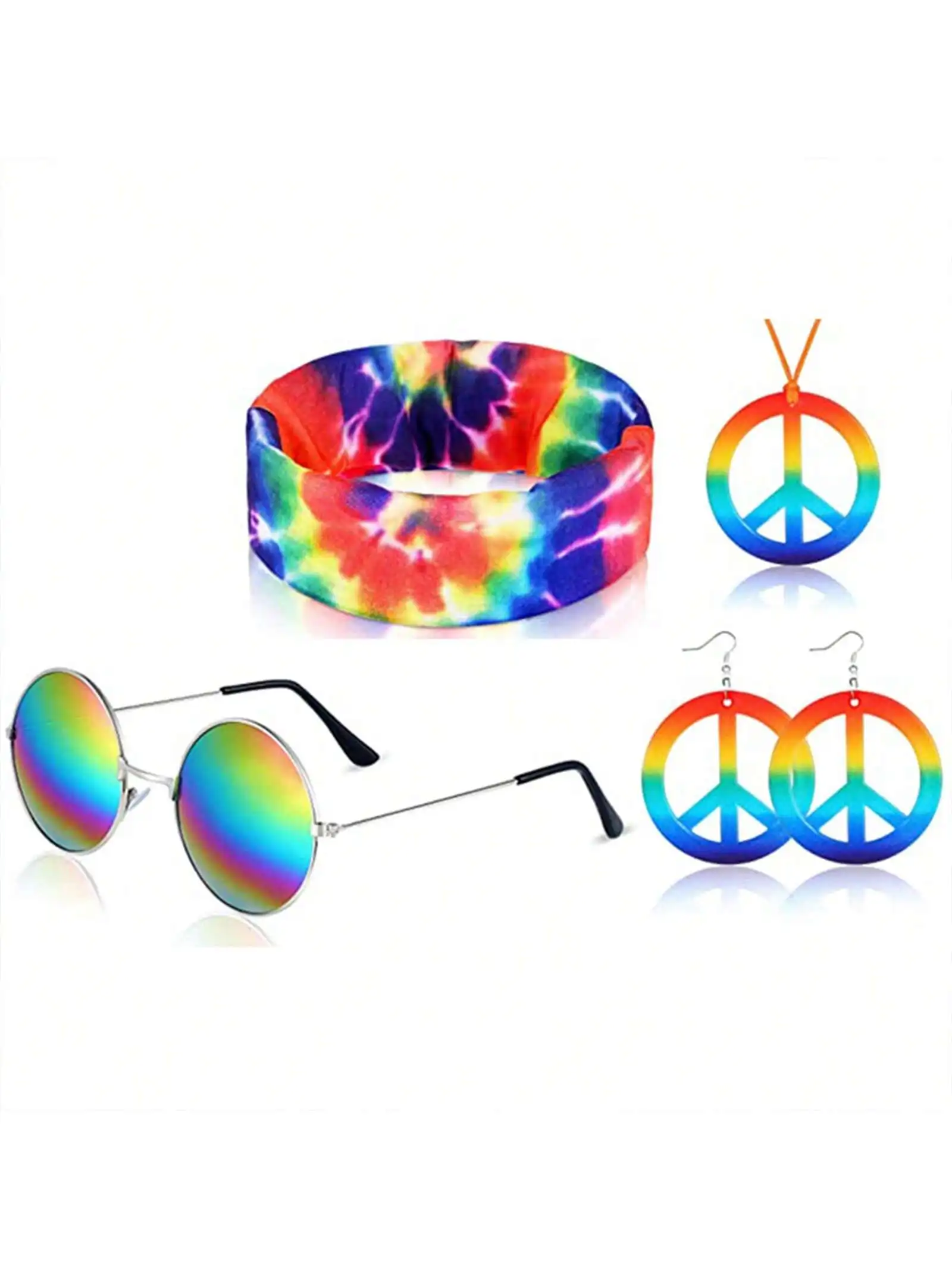 5pcs   Hippie Accessories Costume,70s Hippie Rainbow Leopard Outfit,Hippie Headbands for Men Peace Sign Necklace Sunglasses