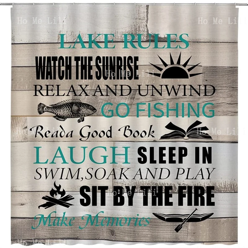 Rustic Lodge Fish Lake Quotes Beach Bathroom Rules On Wooden Plank Seashell Starfish Coastal Teal Farmhouse Style Shower Curtain