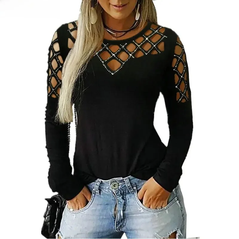 Modna bluzka z wycięciami Bling na co dzień seksowny kryształ górski z litego materiału kobiet bluza bluza bluza Blusa z długim rękawem 5x l V1755 — zdjęcie 2