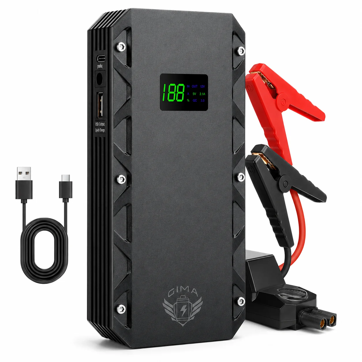 

For Cars, Bike & Motorcycle1200A Peak Car Jump Starter 12000mA Portable Power Bank with LED Flashlight (SOS/Strobe) Power Bank Function (USB-C & DC Output),12V Car Battery Booster Pack with Smart Safety Clamps