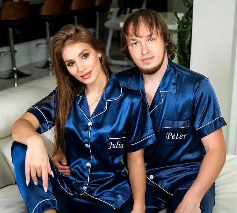 Conjuntos de pijamas de satén para novia y novio, conjuntos de pijamas de luna de miel, vestidos a juego, pijamas personalizados Pjs Mr y Mrs