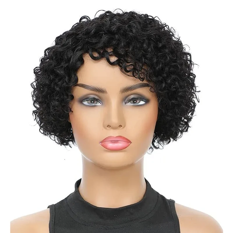 Short Pixie Cut Curly Wig Natural Color Side Part Kinky Curly Human Hair Wigs Machine Made Wig for Women