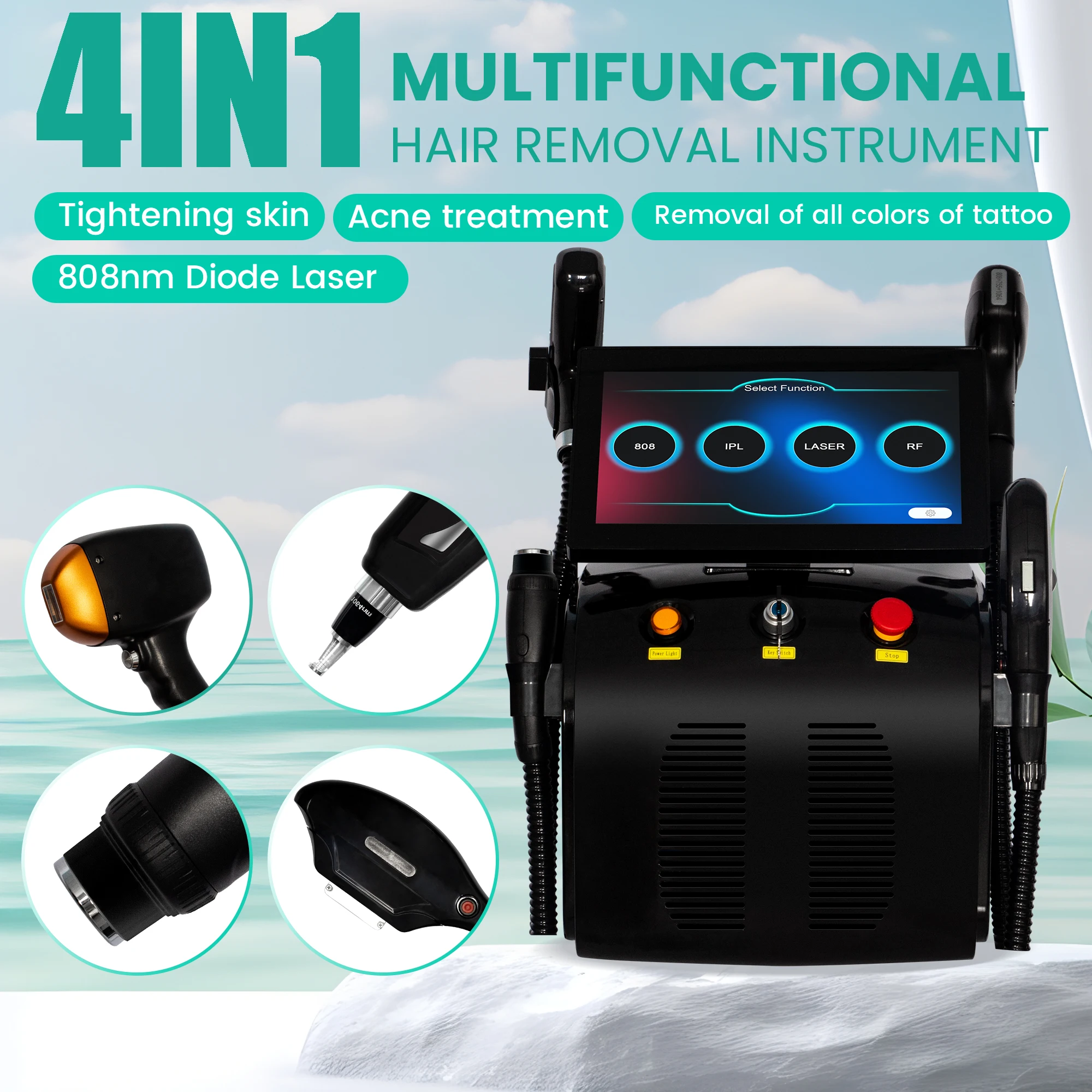 

4 IN 1 Soprano Titanium Ice Platinum RF Diode 755 808 940 1064nm 4 Wave Laser ND:YAG Machine Painless Hair Removal Machine