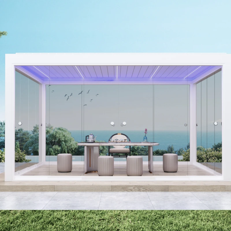 Heavy-duty Pergola 6063T6 Aluminum with Glass Folding Doors & Adjustable Shading for Balcony or Outdoor Dining