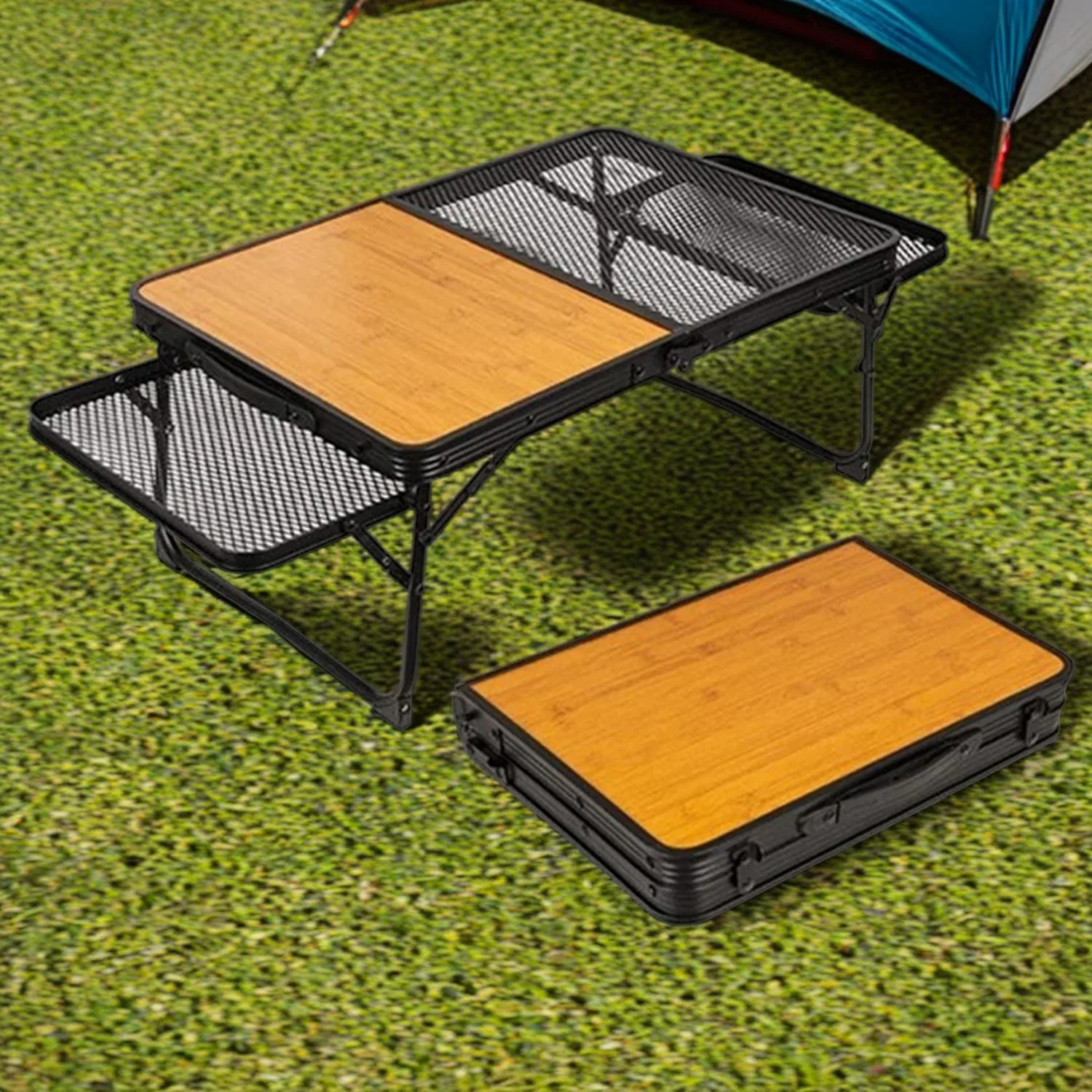 Foldable Camping Table,Portable Iron Mesh Folding Table,Outdoor Camping With Lifting Shelf Aluminium Alloy Dining Table