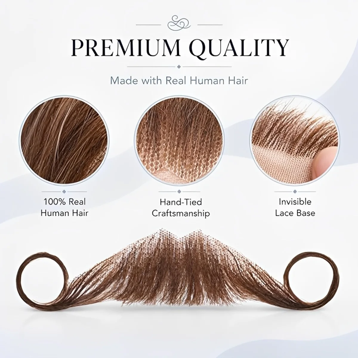 Hand‑Tied Human Hair Fake Mustache Transparent Lace Base Lightweight Breathable Facial Hair for Daily Cosplay ,Halloween,Costume