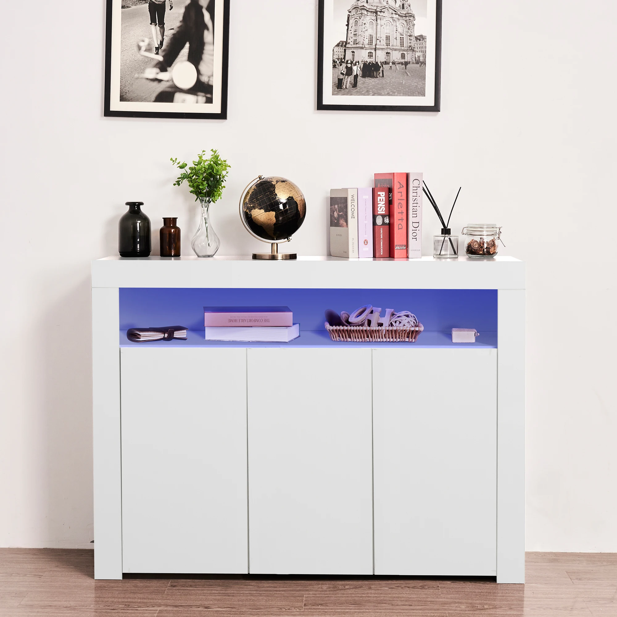 3 Doors Sideboard High Gloss Storage Side Cabinet with LED Light Modern Kitchen Unit Cupboard Buffet Wooden Display Cabinet