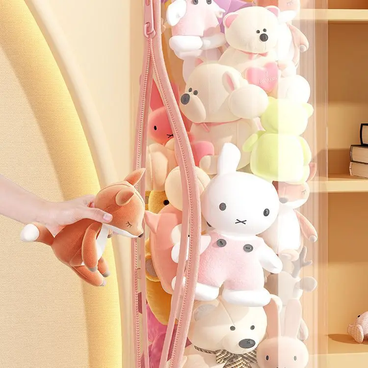 Contenedor cilíndrico transparente para juguetes de peluche con cremallera, que ahorra espacio, para muñecas y juguetes grandes, de fácil acceso.
