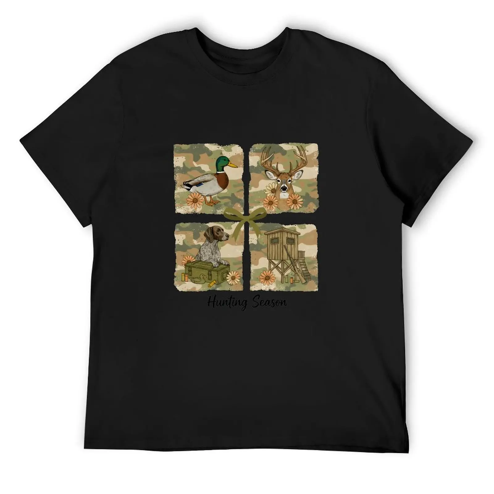 Cartoon Wetland Reed Mallard Duck Camo Bow Black Cotton Tee Country Farmer Weekend Leisure Wear
