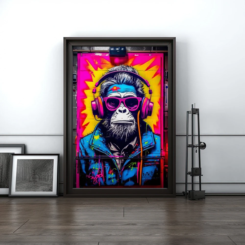 DJ Monkey Graffiti Wall Art Monkey with Headphones Poster Modern Urban Street Canvas Painting Music Monkey Home Wall Decor Mural