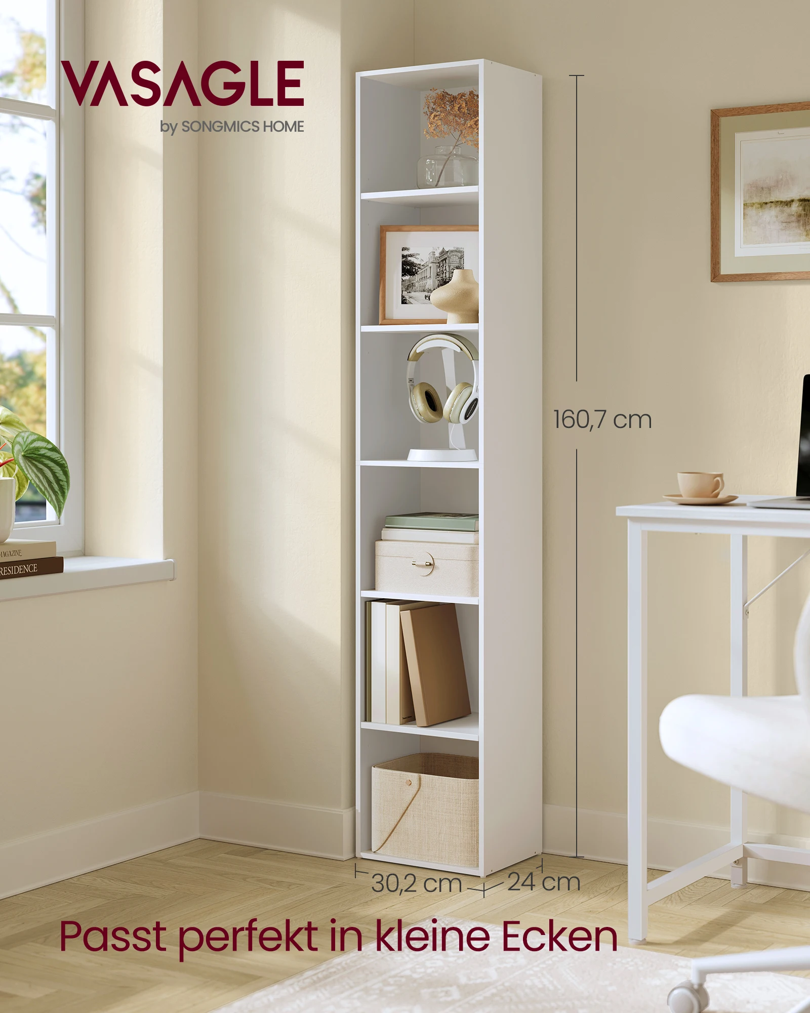 VASAGLE CUSTOS Kollektion - Bücherregal, 6-stöckiges Regal, offenes Aufbewahrungsregal, 24 x 30,2 x 160,7 cm, für Wohnzimmer