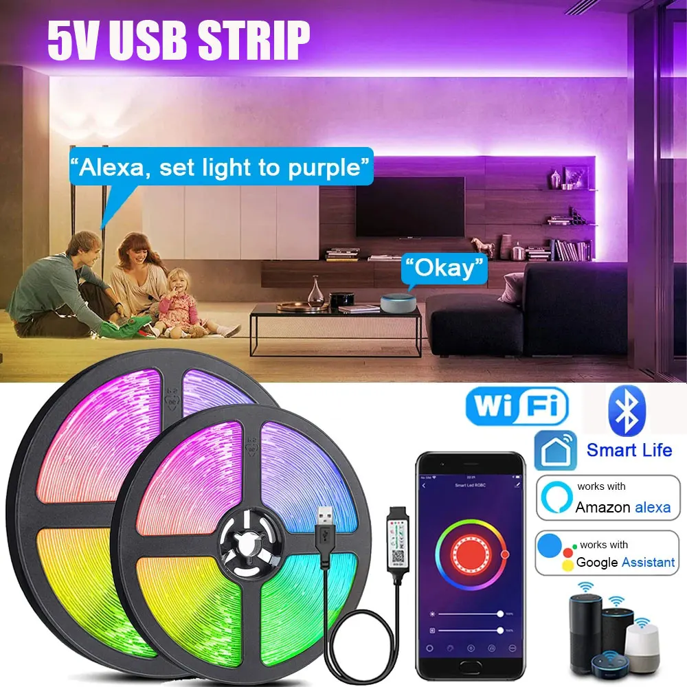 

Гибкая лента для лампы, 5 В, RGB, 5050 дюйма, USB, Wi-Fi, Bluetooth, дистанционное управление