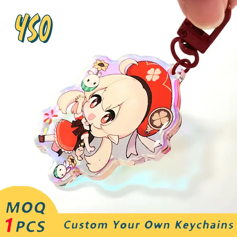 YSO CNC Diamond Cut Accept Custom Keyring Anime Acrylic Keychain Opaque Cartoon Characters Key Chain Rainbow Charms