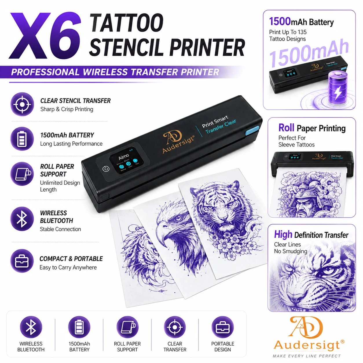 X6 Tattoo Stencil Printer Bluetooth Wireless Thermal Transfer Machine with Touchscreen and 10 Sheets A4 Tattoo Transfer Paper