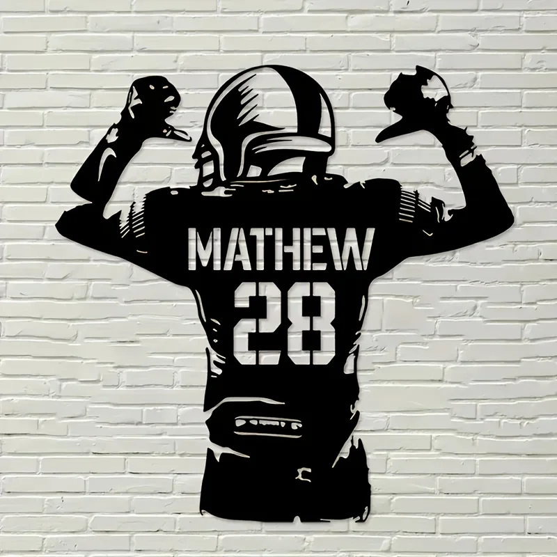 Classic Custom Football Player Metal Wall Art, Personalized Name Number Horizontal Hanging Decor for Sports Fan Home Interior