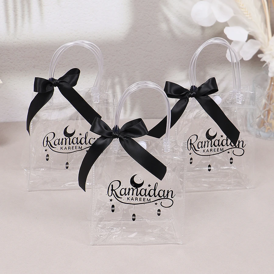 Eid Mubarak White Small Gift Bags with Bow Ribbon Ramadan Kareem Candy Cookie Favor Boxes Muslim Party Packaging Bags