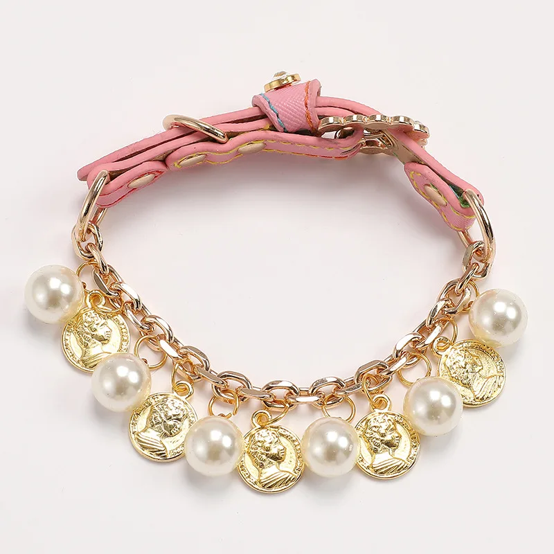 

Pet Pearl Charm Collar – Adjustable Faux Leather with Gold Coin Pendants for Cats & Small Dogs