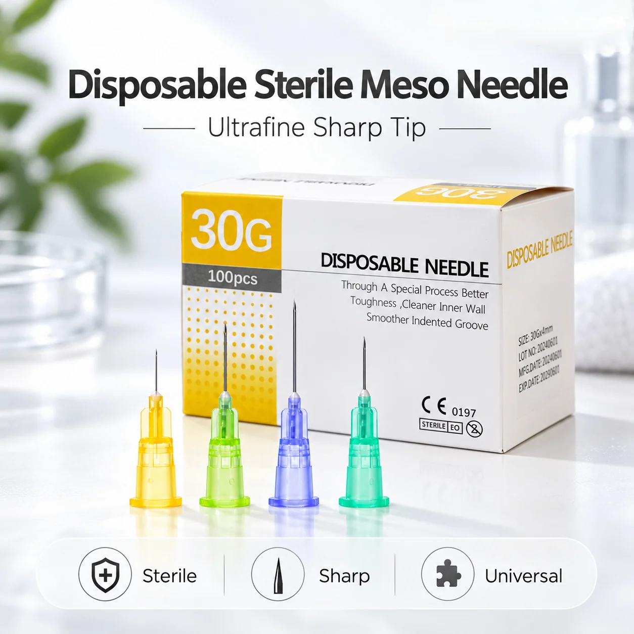 Meso Needle 30G 31G 32G 34G Ultrafine Sharp Tip Color Coded Luer Fit Sealed Sterile Facial Beauty Skin Care Needle 100pcs
