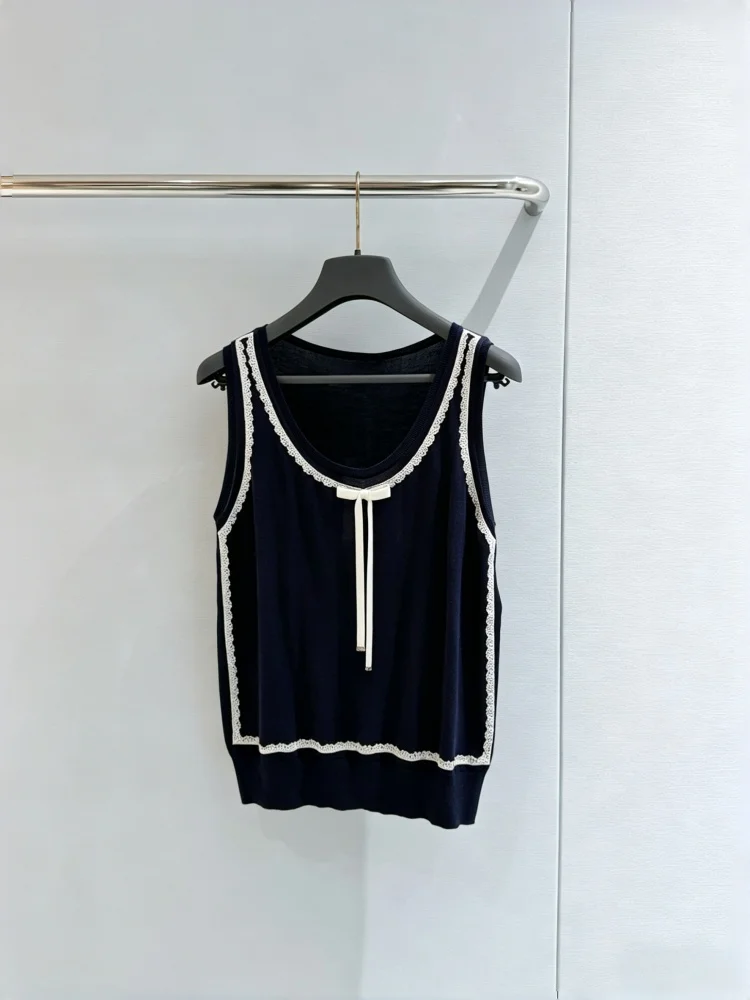 

Summer Women's Round Neck Contrasting Bow Lace Patchwork Loose Sleeveless T-shirt