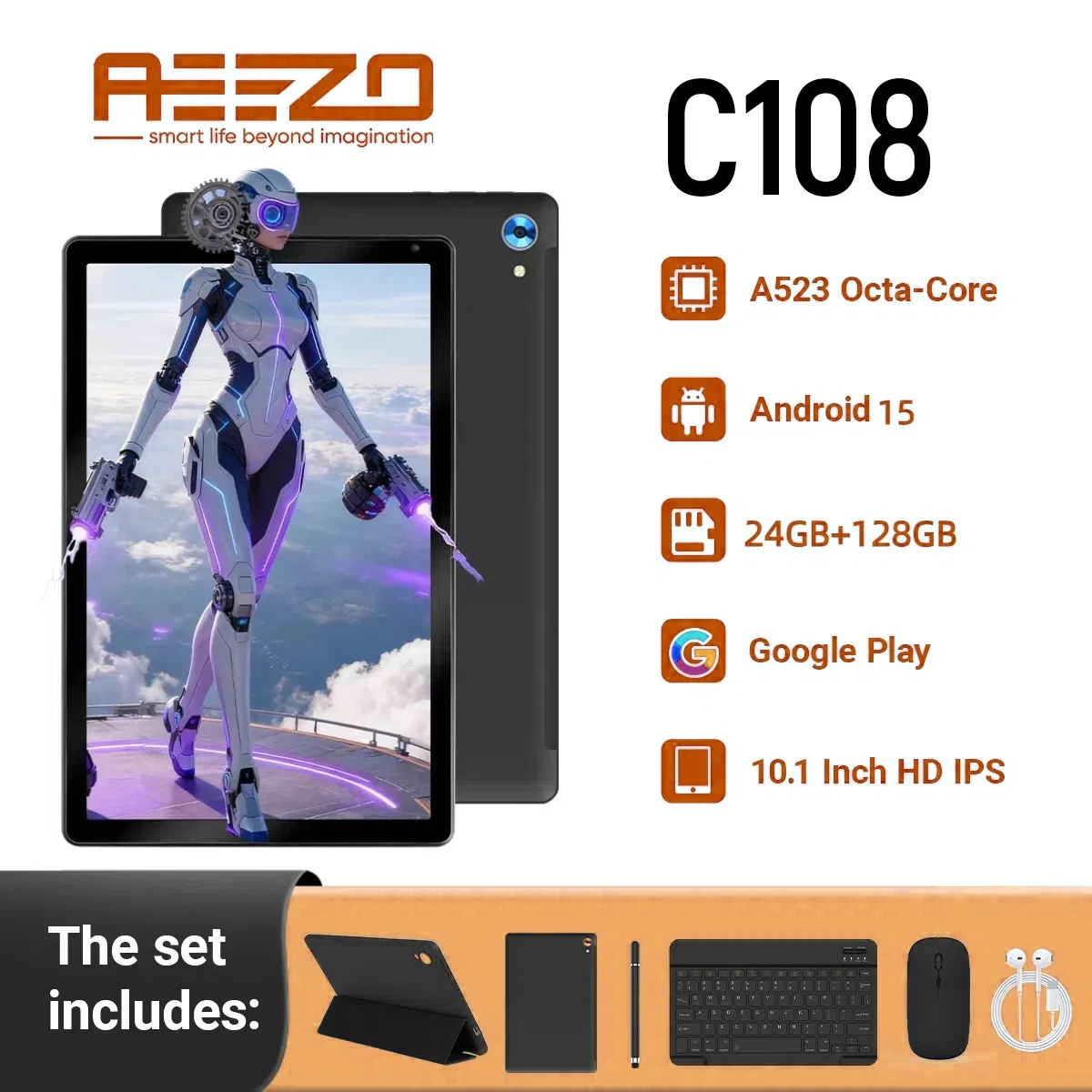 AEEZO 2025 안드로이드15 신형 10.1인치 옥타코어 24GB RAM+128GB ROM HD IPS 터치스크린 WIFI6+BT5.0 스타일러스 키보드 마우스 헤드폰