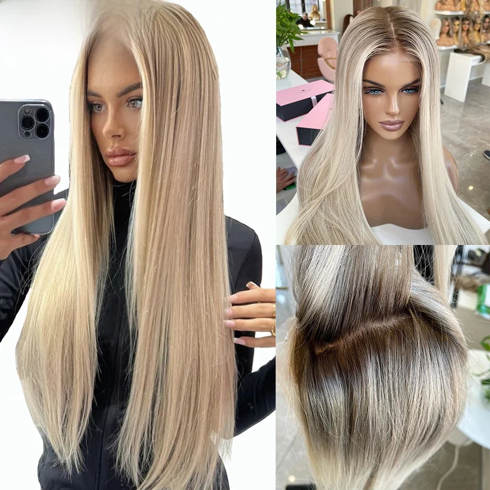 250 % leimlose aschblonde farbige Ombre-Echthaar-Perücken für Frauen, 13 x 4 transparente Spitze-Frontal-Perücke, gerade 13 x 6 Perücken, vorgezupft