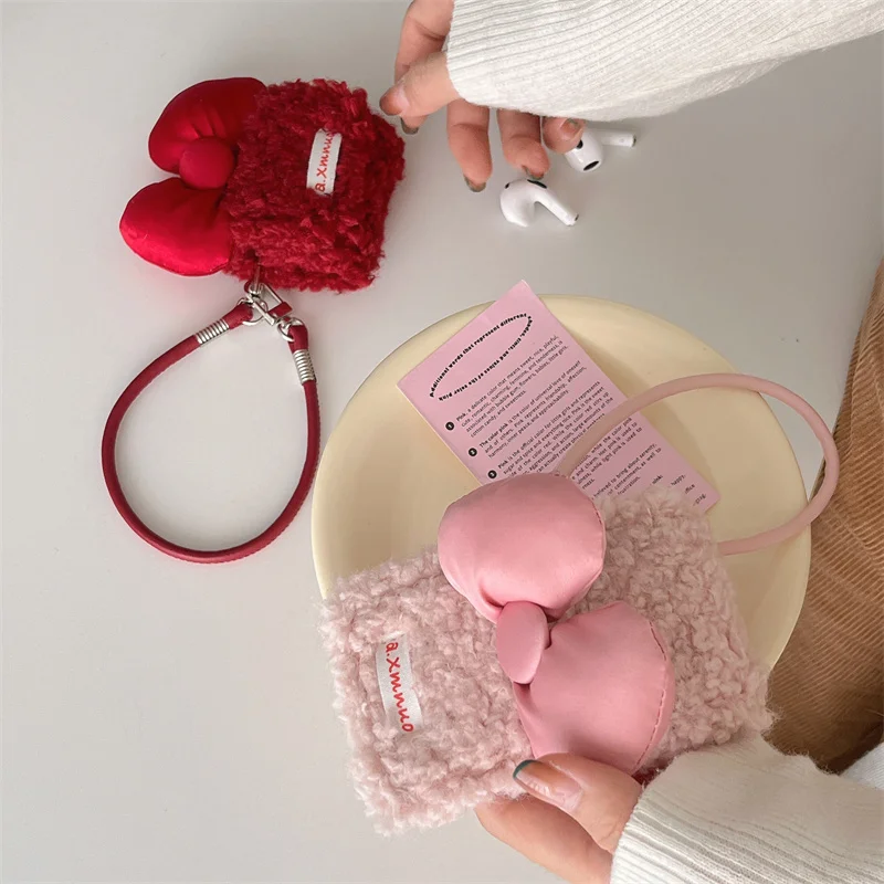Cute Bow Plush Earphone Case For Apple Airpods 4 3 2 Cover with Hand Strap Kawaii Fluffy Headphone Charging Cases For Airpod Pro