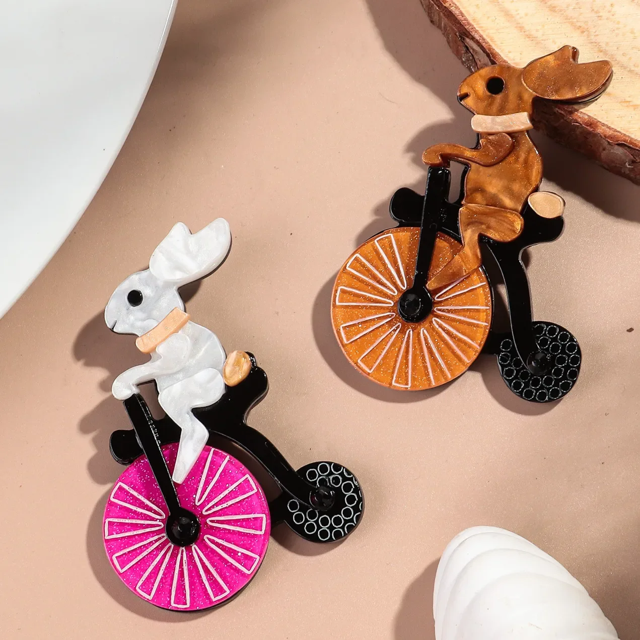 AliExpress New Cute Rabbit Ride Bicycle Acrylic Brooch for Women Lovely Cartoon Bunny Animal Badges Pins