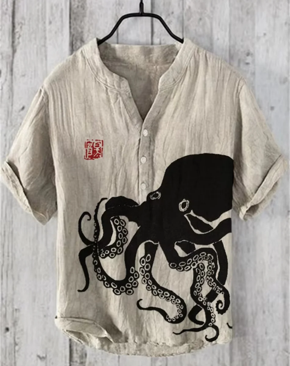 Henry Shirt - Nouvelle chemise décontractée à manches courtes pour hommes, hauts de tenue décontracté au quotidien, chemise imprimée poulpe, tailles S à 5XL expédition rapide