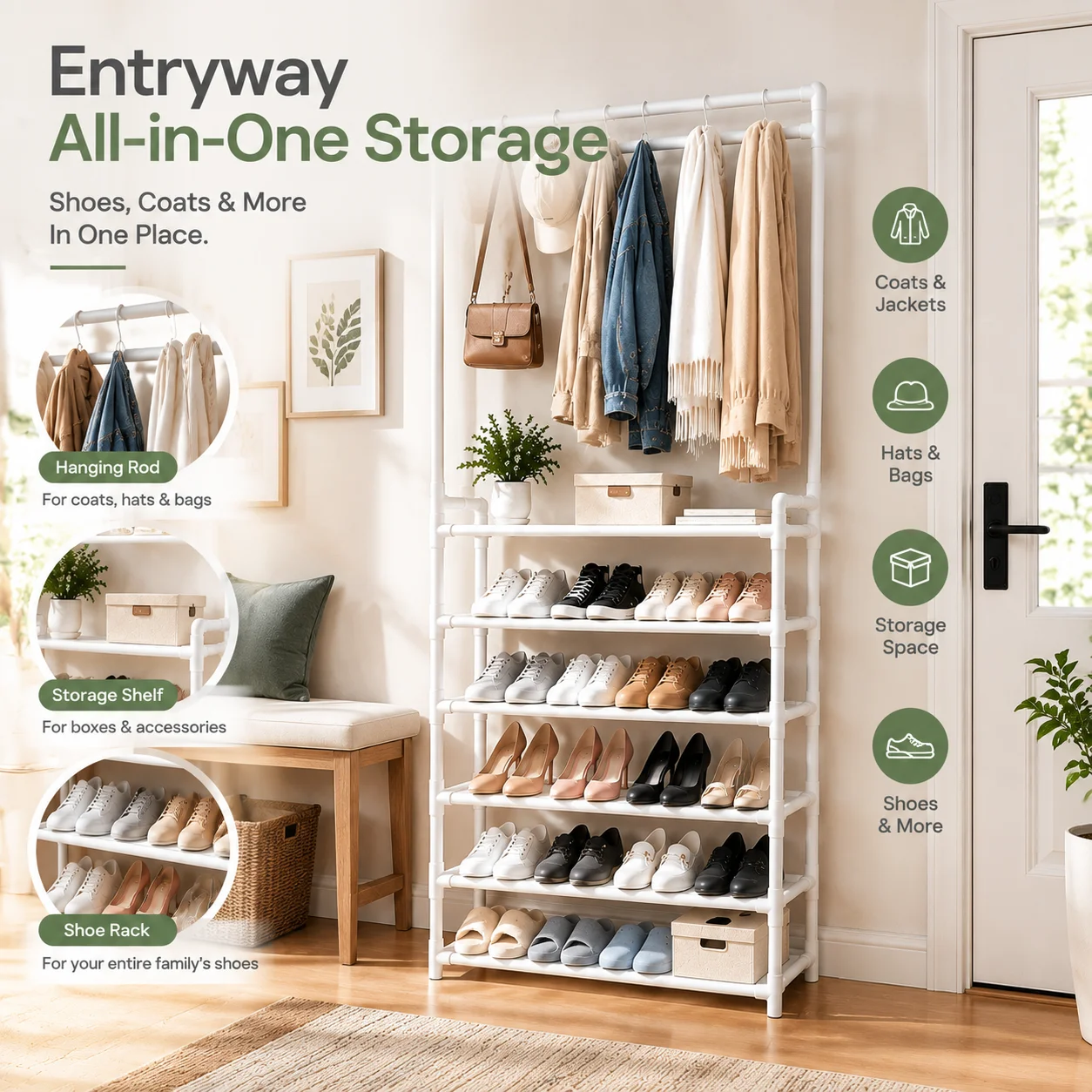 Entryway Shoe Rack with Coat and Hat Rack, Freestanding Multi-Tier Shoe Cabinet with Hanging Rod, Hallway Organizer for Coats Hats and Bags, Entryway Storage Shelf, Home Organizer, Must-Have for Family Hallway