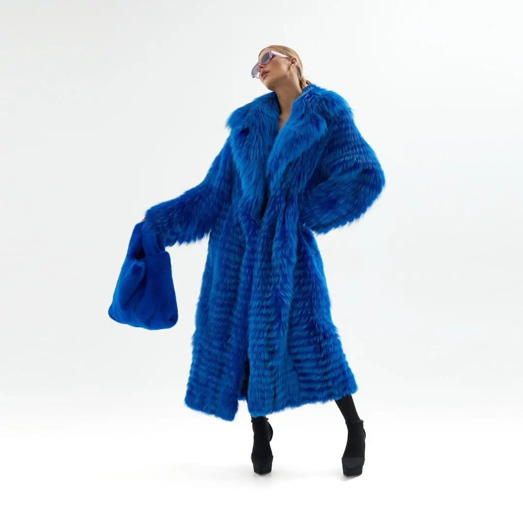 120cm Long Royal Blue Real Silver Fox Fur Coat for Women Winter Outwear Fashion Casual Woman Genuine Leather Fox Fur Coat Luxury