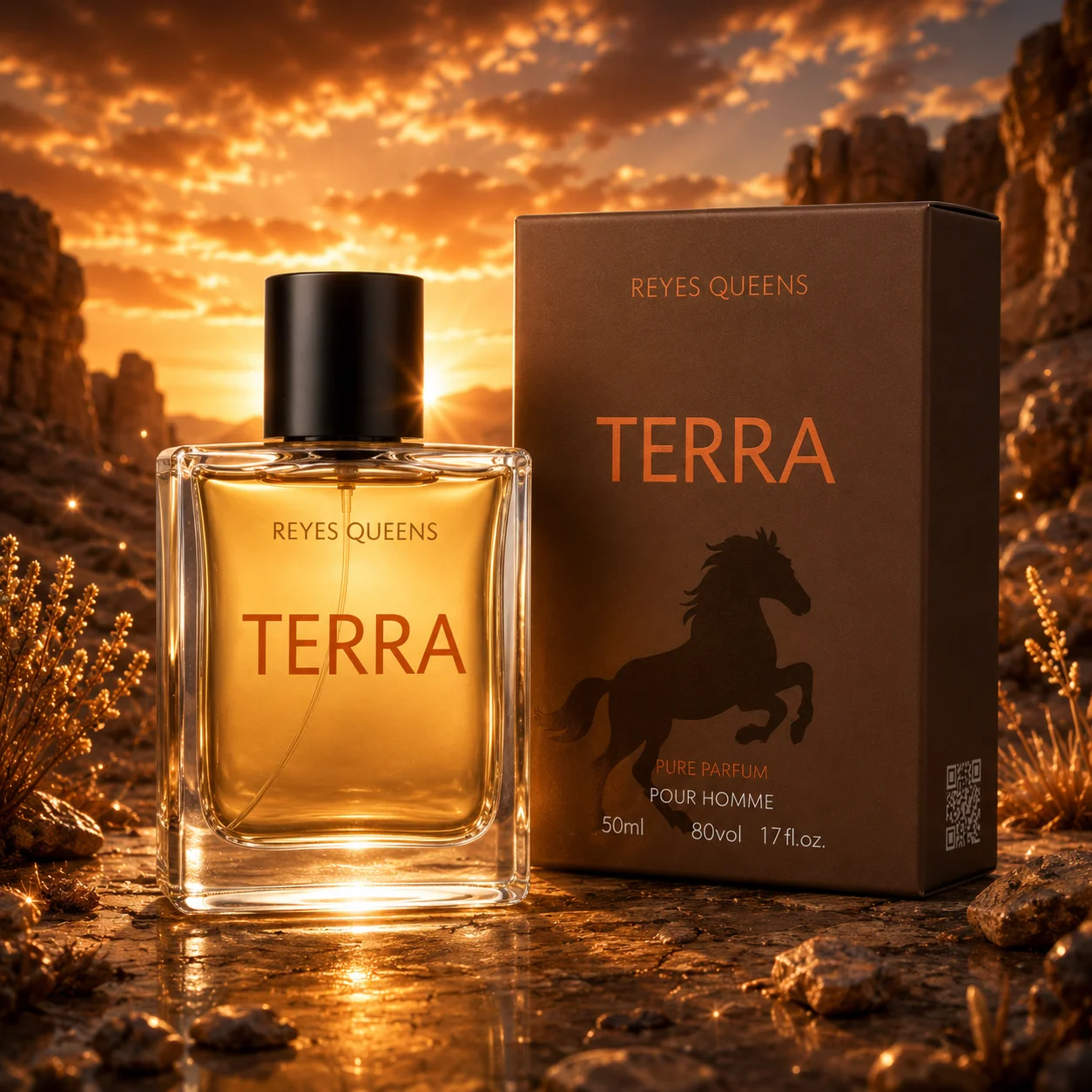 Reyes Queens - Terra Eau de Parfum pour hommes, 50 ml. Parfum masculin aux notes boisées et épicées, associé à des accords d'agrumes chaleureux et doux et à une base intense et élégante.