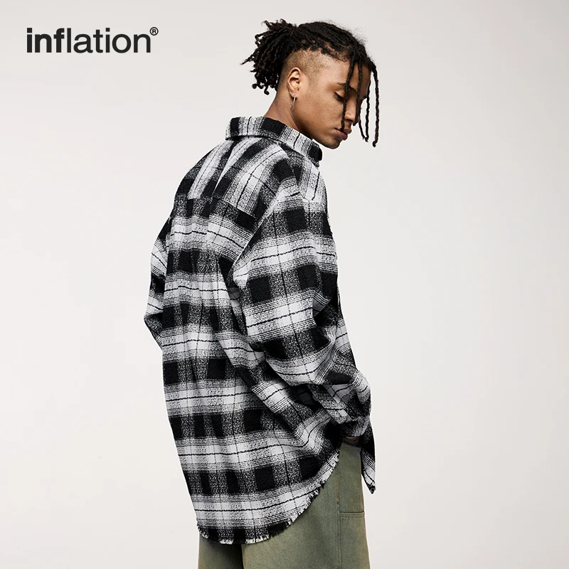 INFLATION Classic Plaid Shirt Jacket Men Basic Front Pocket Stand Collar Woolen Long Sleeve Shirt