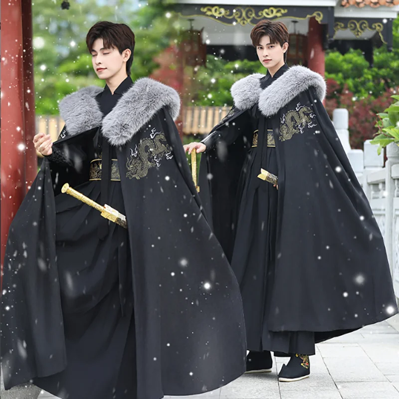 

Winter Warm Men`s Hanfu Cloak Cape Chinese Traditional Embroidery Black Cape Christmas Costume Hanfu Clack Plus Size 4XL