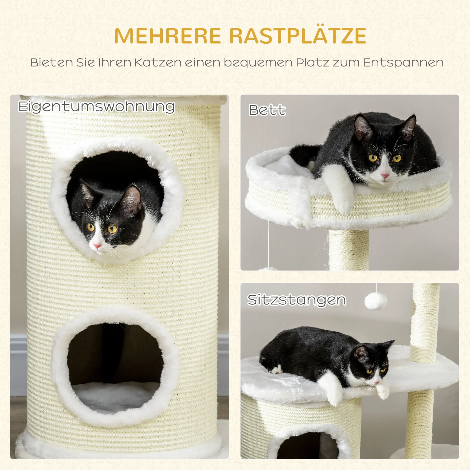 Arbre à chat compact, griffoir multi-niveaux, tour d'activités pour chat entièrement recouverte de sisal, cachette en forme de baril, deux entrées, trois perchoirs surélevés en peluche, boule de jeu interactive suspendue, tour pour chat pour petit appartement