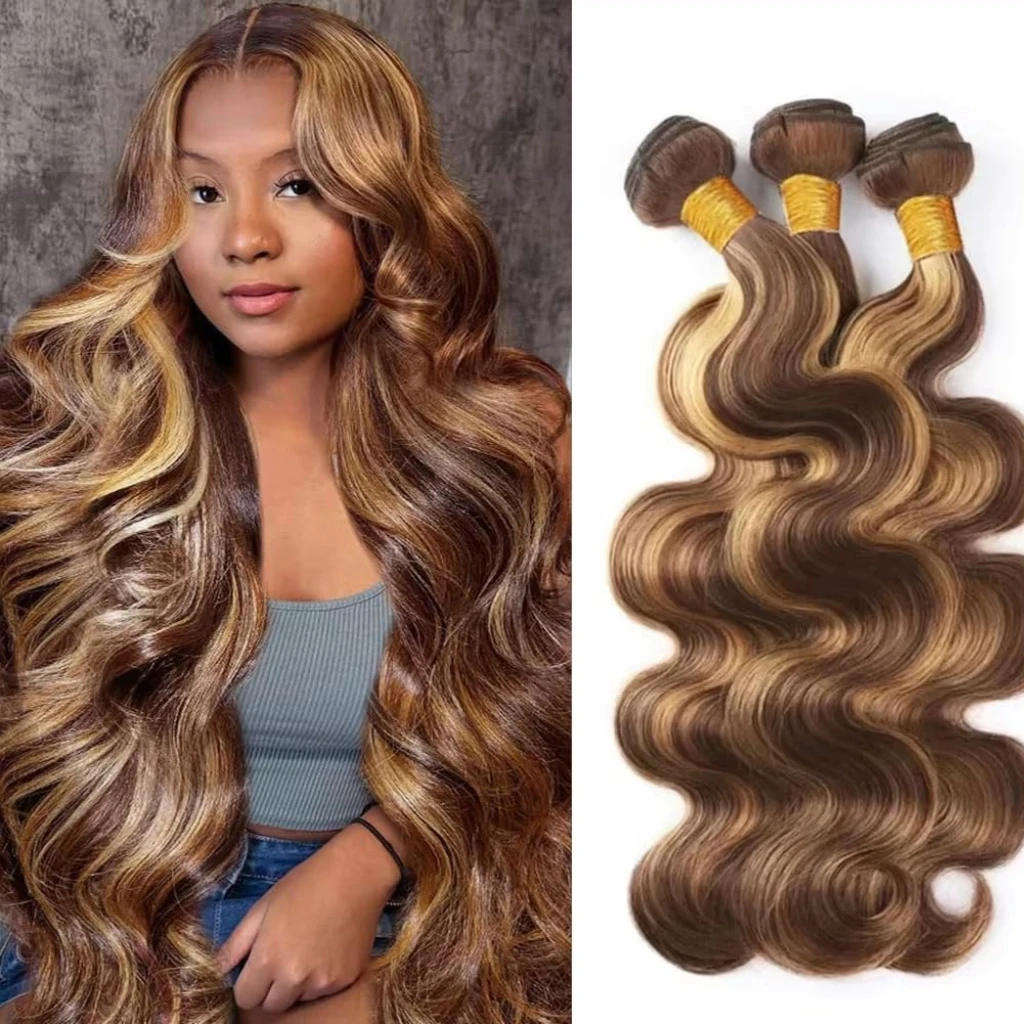 바디 웨이브 인모 P4/27 하이라이트 인모 1~3번들 브라질 레미 인모 이중 웨프트 여성용 컬러 인모