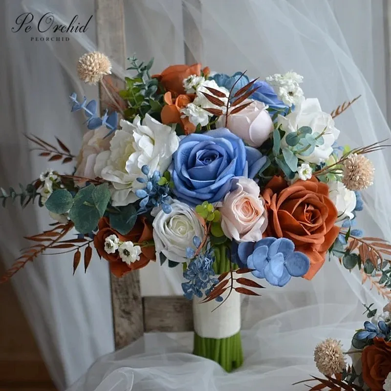 

PEORCHID Boho Blue White Wedding Bouquets Rust Orange Roses Bridal Flowers Eucalyptus Fake Terracotta Bouquet ramos para novias